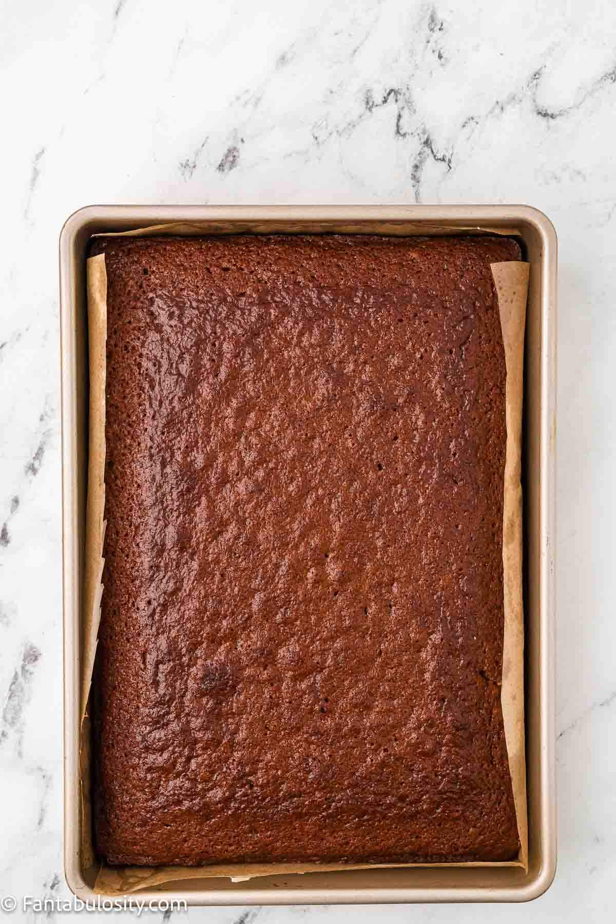 Baked burnt sugar cake in 9x13 baking pan.