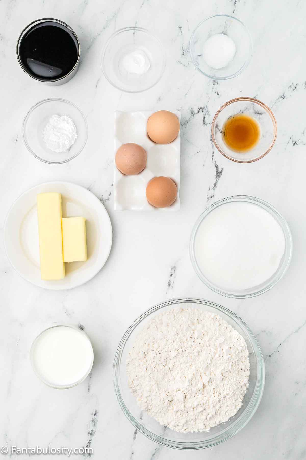 Ingredients to make burnt sugar cake, sitting on kitchen counter.