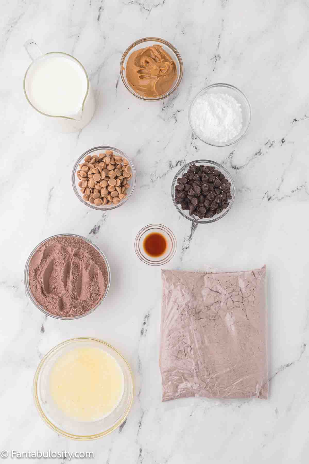 Ingredients on kitchen counter to make chocolate peanut butter dump cake.