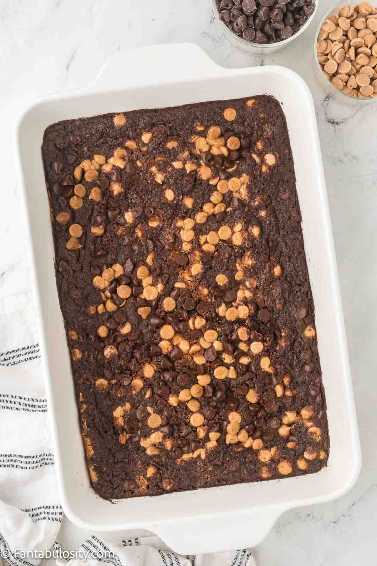 Baked peanut butter dump cake in a 9x13 baking pan.
