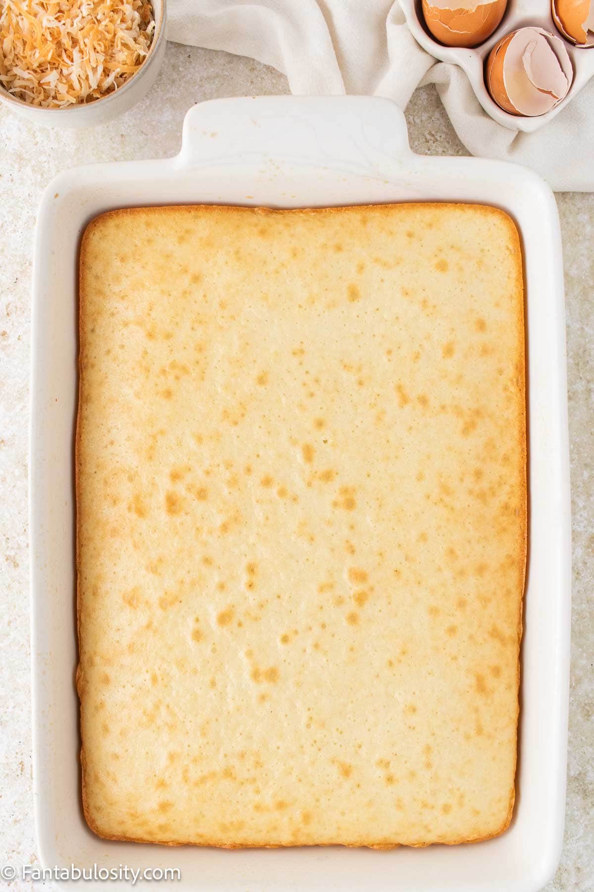 Baked white cake in 9x13 baking dish.