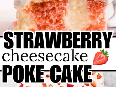 Strawberry Cheesecake Poke Cake showing the side of the cake.