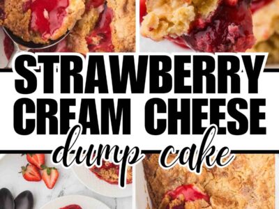 Image collage of strawberry cream cheese dump cake.