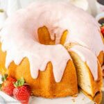 Strawberry Pound Cake on cake stand.