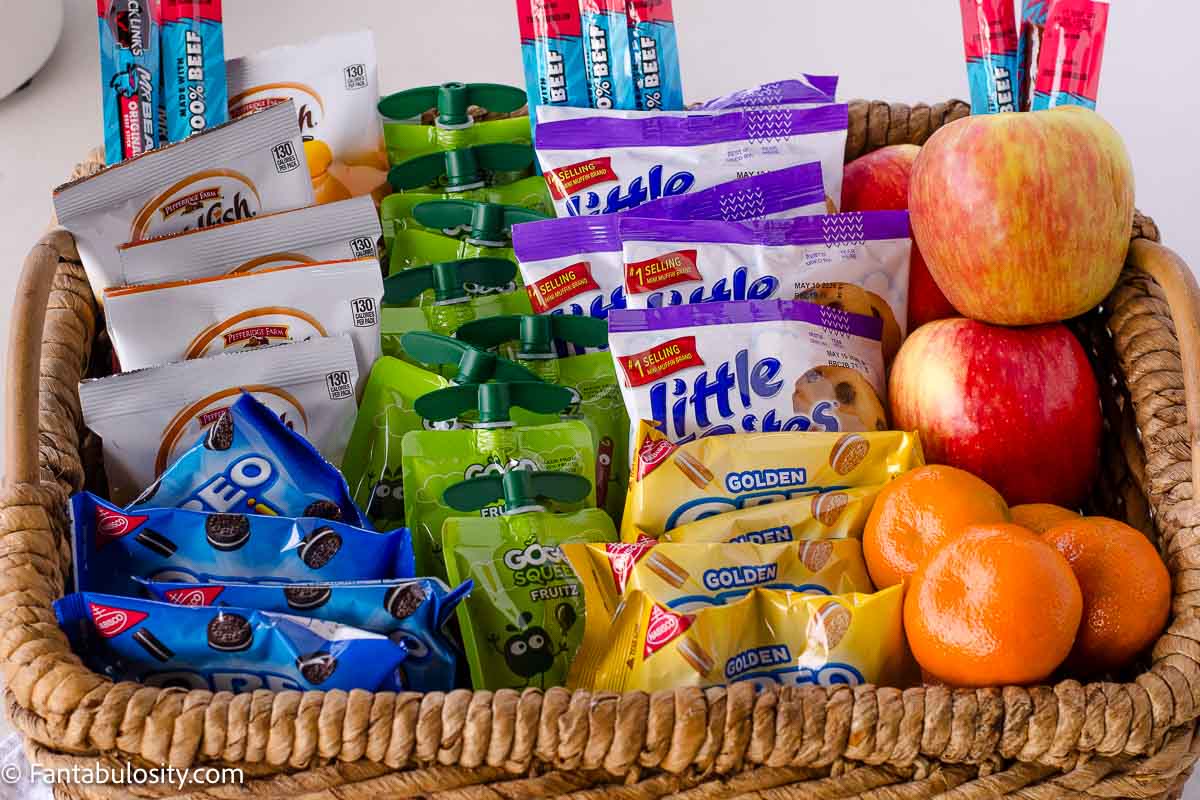 A whicker basket full of baseball snack ideas.