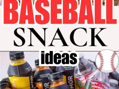 Baseball snack ideas in a basket and drink ideas a cooler.