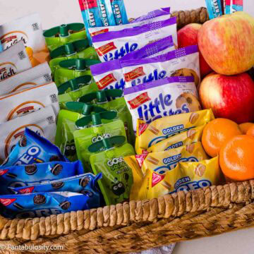 A basket full of baseball snack ideas.