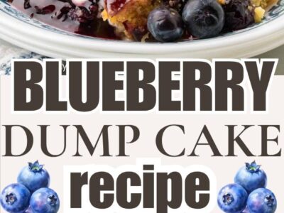 Blueberry dump cake serving and whole pan of cake.