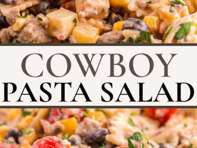 Close up image of cowboy pasta salad in bowl.