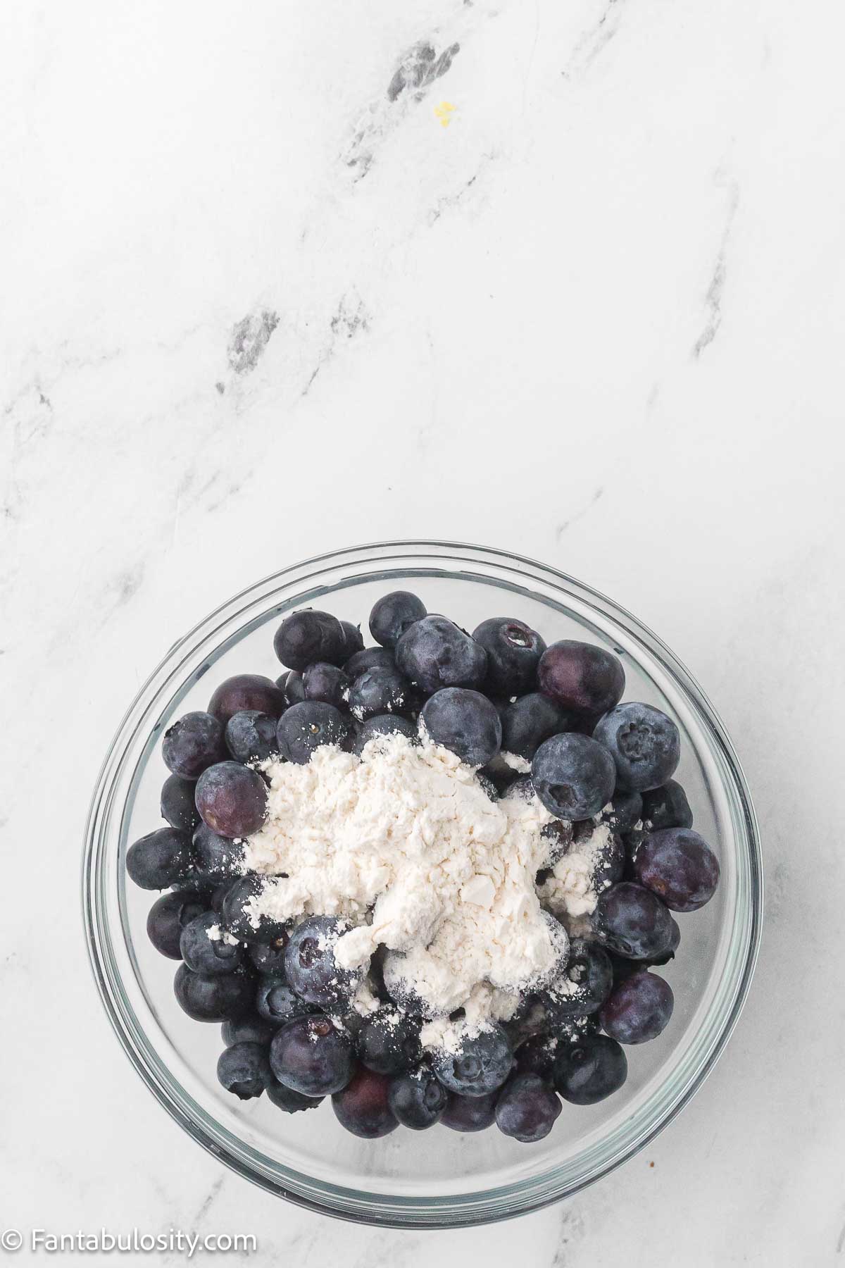 Blueberries tossed in flour, in mixing bowl.