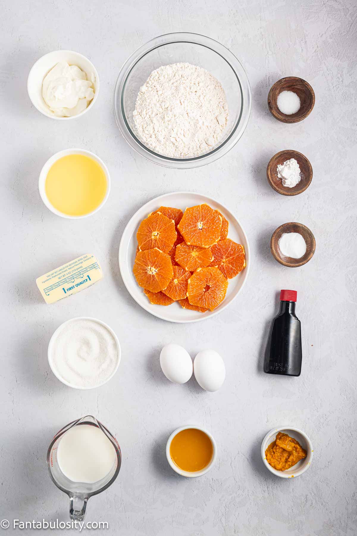 Ingredients for orange upside down cake.