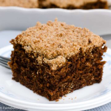 A slice of shoofly cake on a vintage plate.