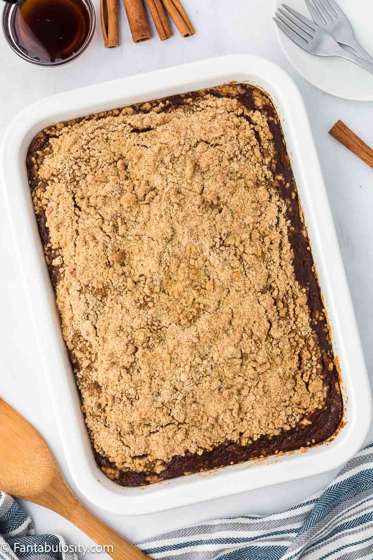 Baked shoofly cake in 9x13 baking dish.