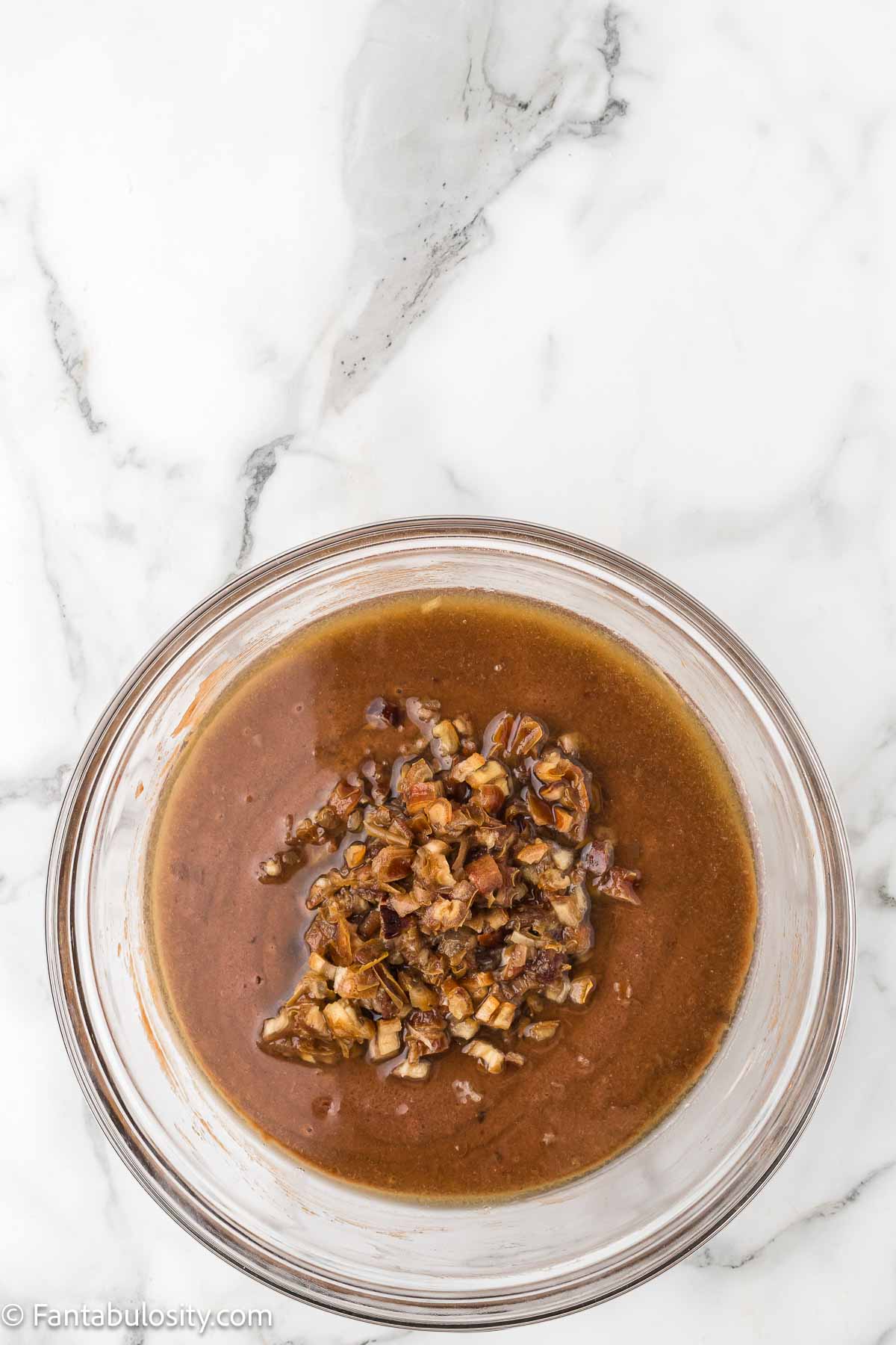 date mixture added to chocolate cake batter for Westhaven Cake.