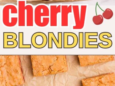 Cherry blondies, showing the cherries inside of the dessert bars.