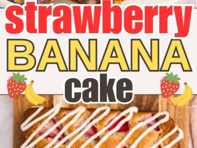 Strawberry banana cake slices, with cream cheese frosting.