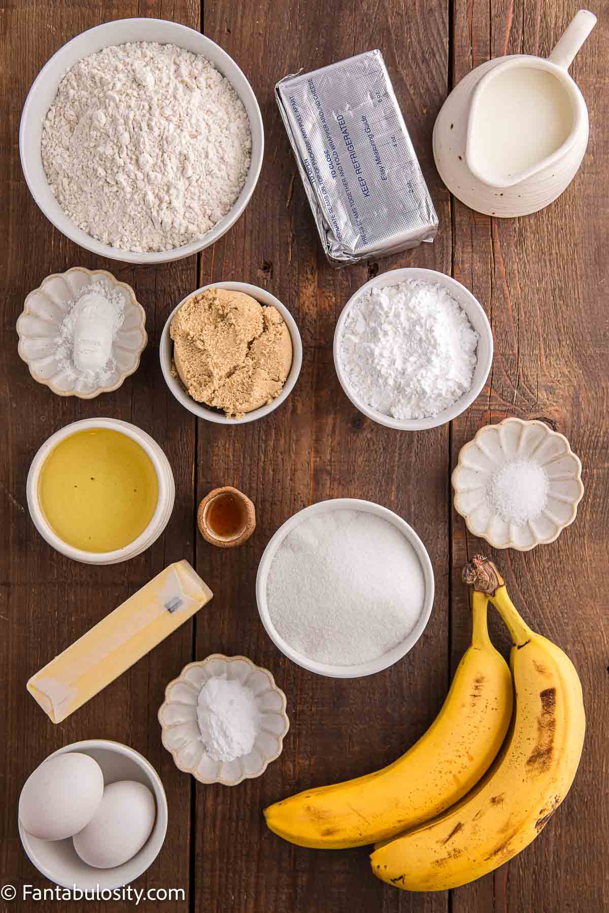 Ingredients to make banana cake with brown butter frosting.