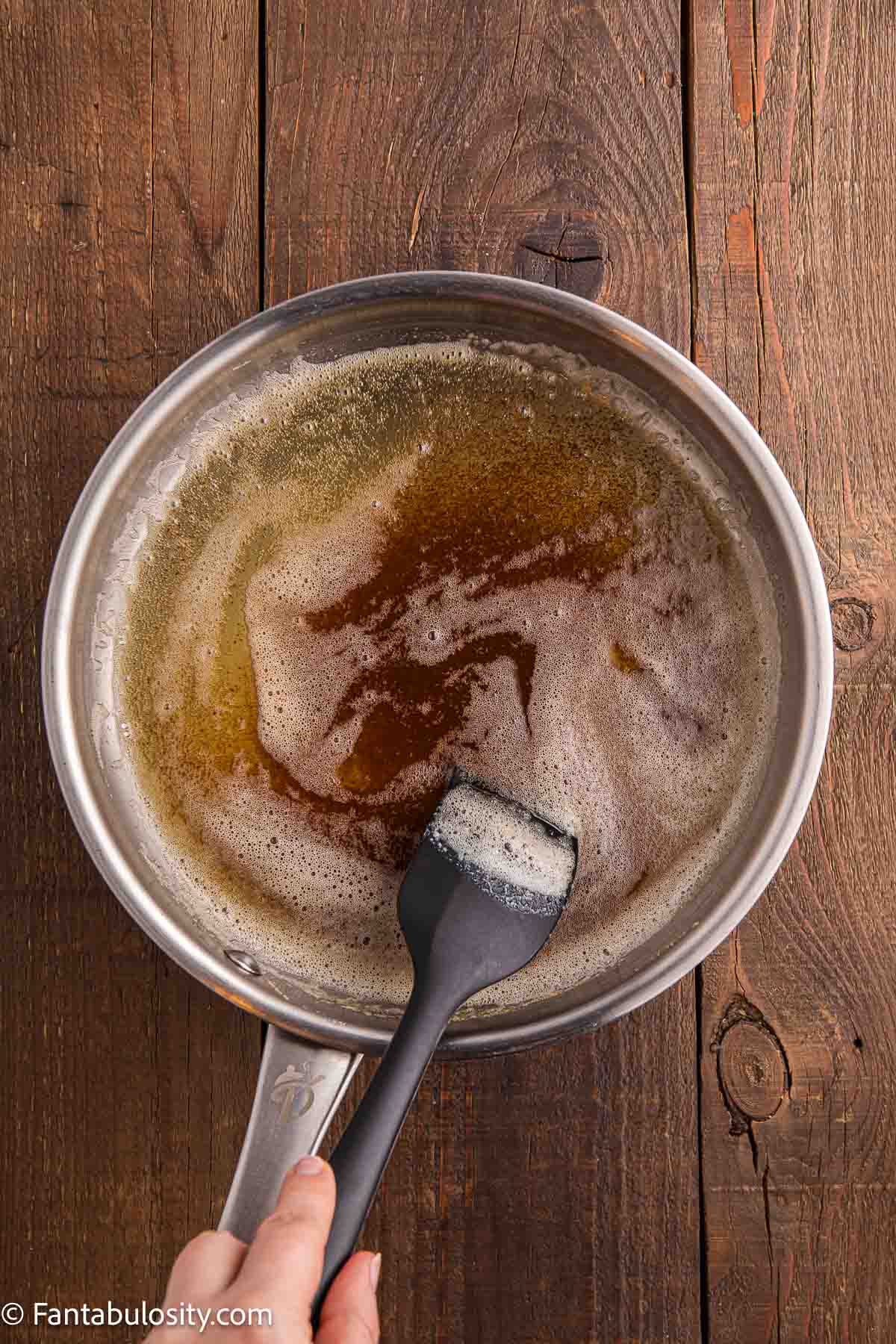 Browned butter in saucepan.