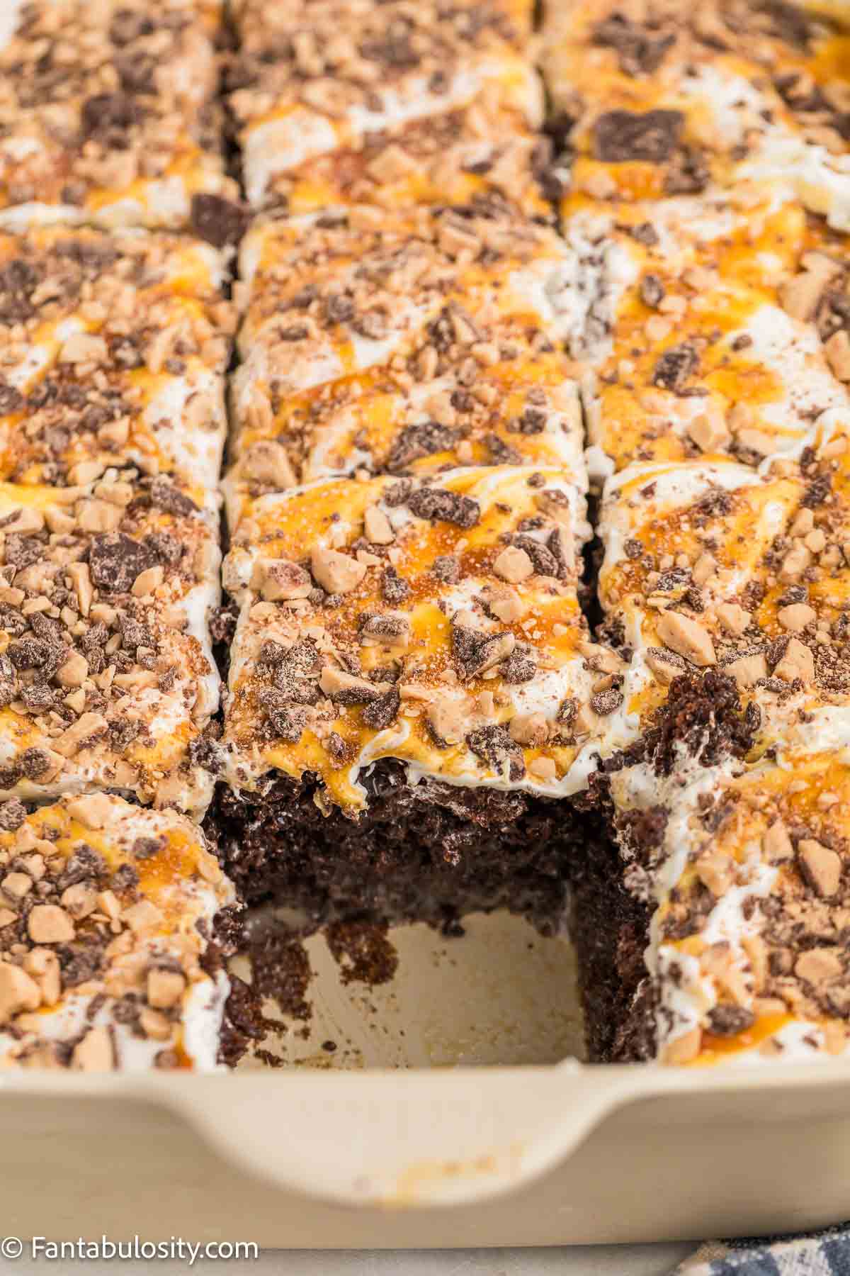 9x13 Better Than Anything Cake, with slice removed.