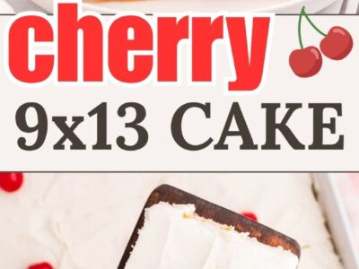 Cherry sheet cake, topped with frosting and cherries.