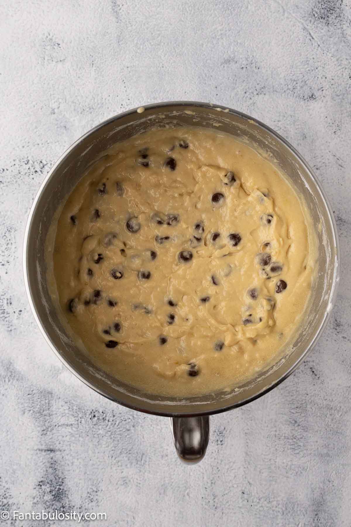Chocolate chips mixed in to cake batter.