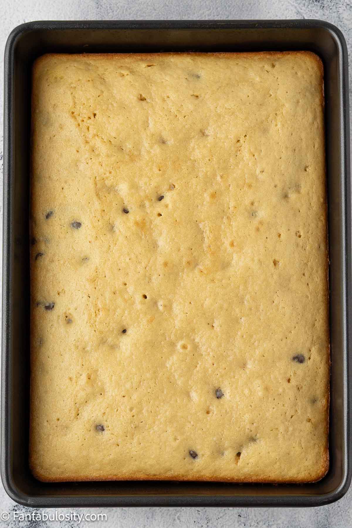 Baked chocolate chip cake in 9x13 baking pan.