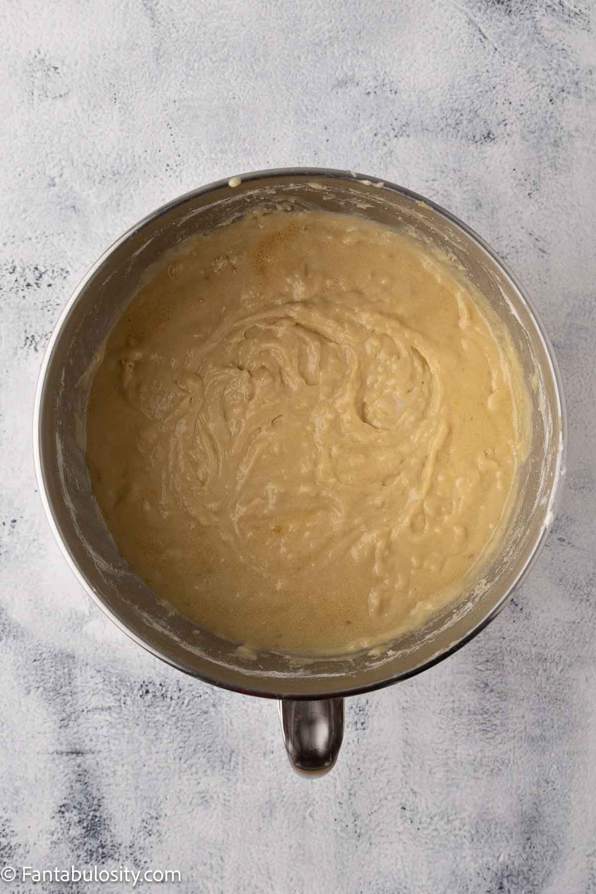 Wet and dry mixture mixed together for cake batter.