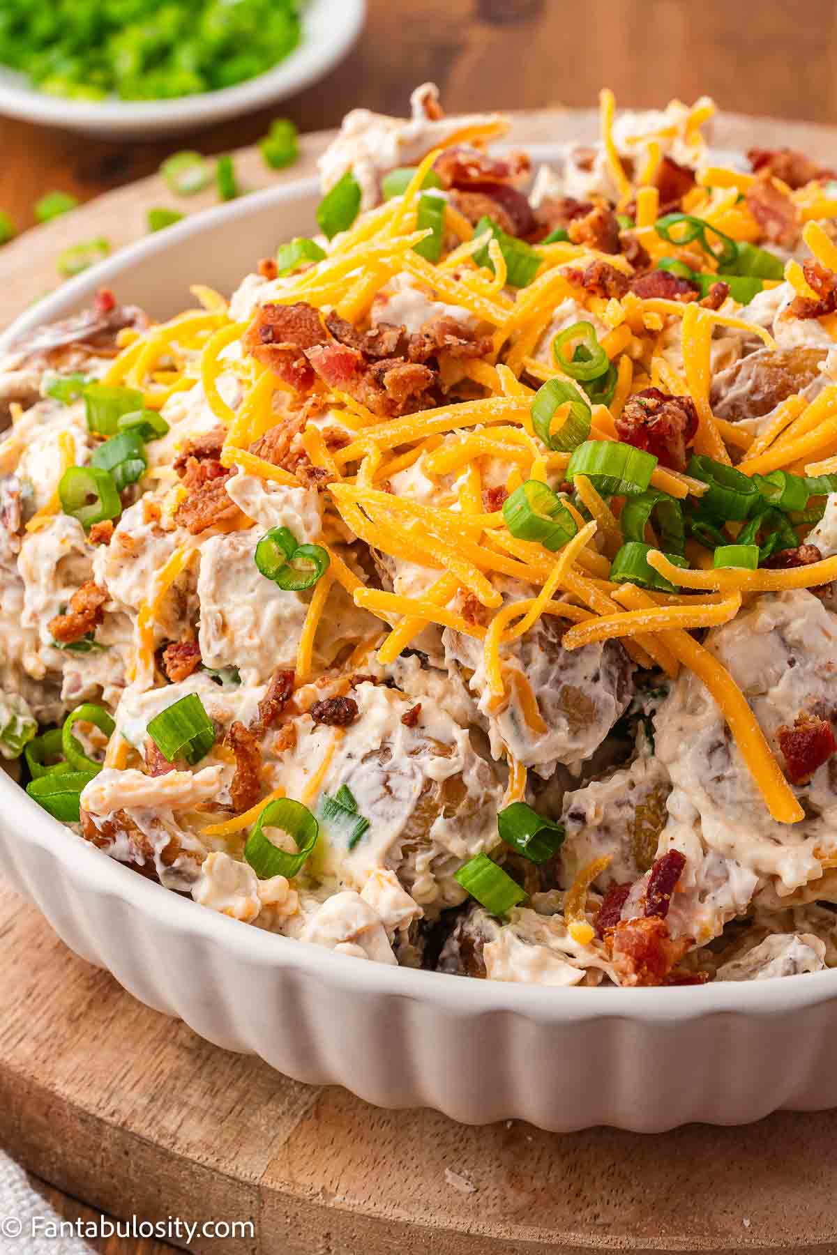 Roasted potato salad in serving bowl.