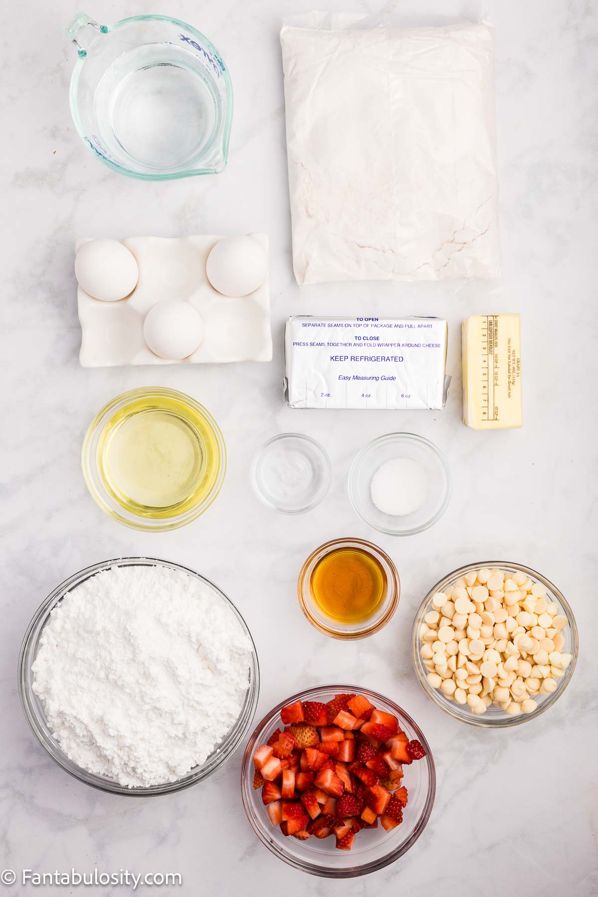 Ingredients for strawberry earthquake cake on counter.