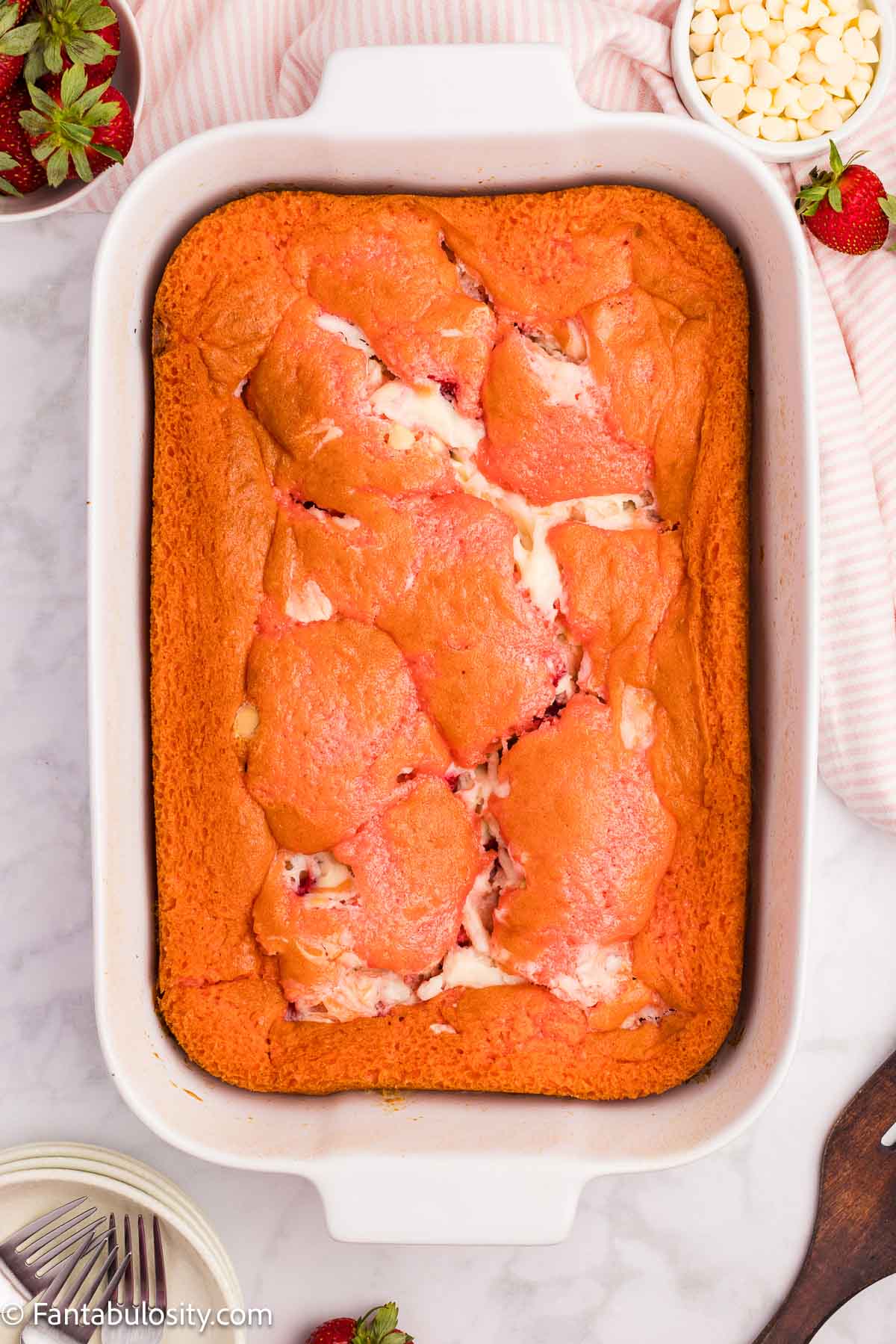 Baked strawberry earthquake cake in 9x13 baking dish.