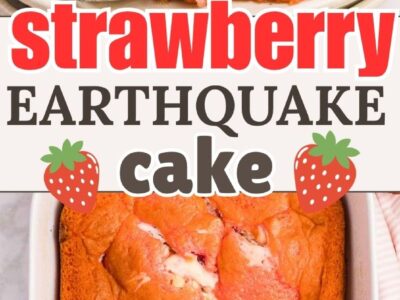 Strawberry Earthquake Cake on a plate, and whole cake.