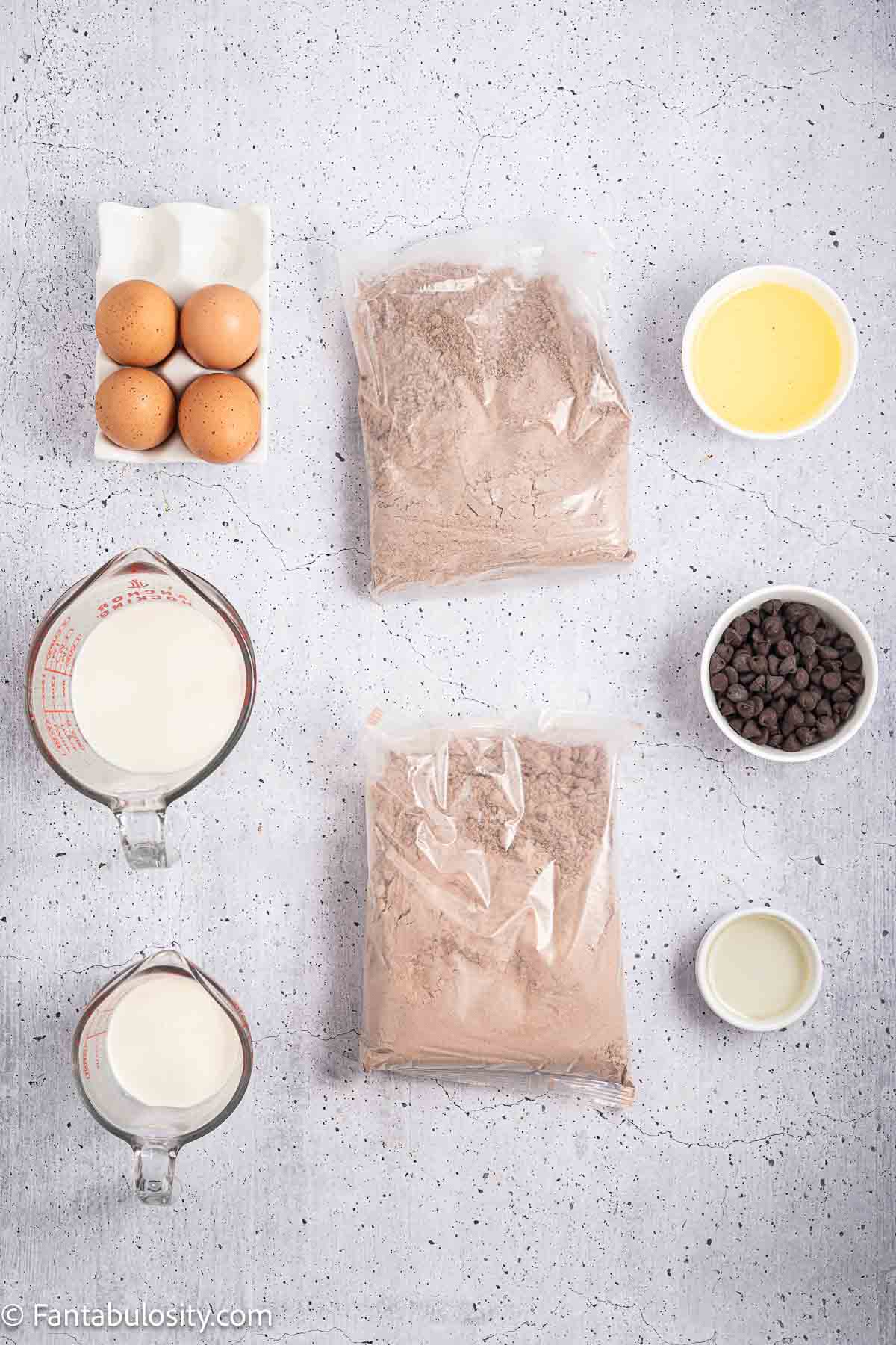 Ingredients to make chocolate brownie cake.