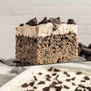 Oreo Tres Leches cake slide, on spatula.