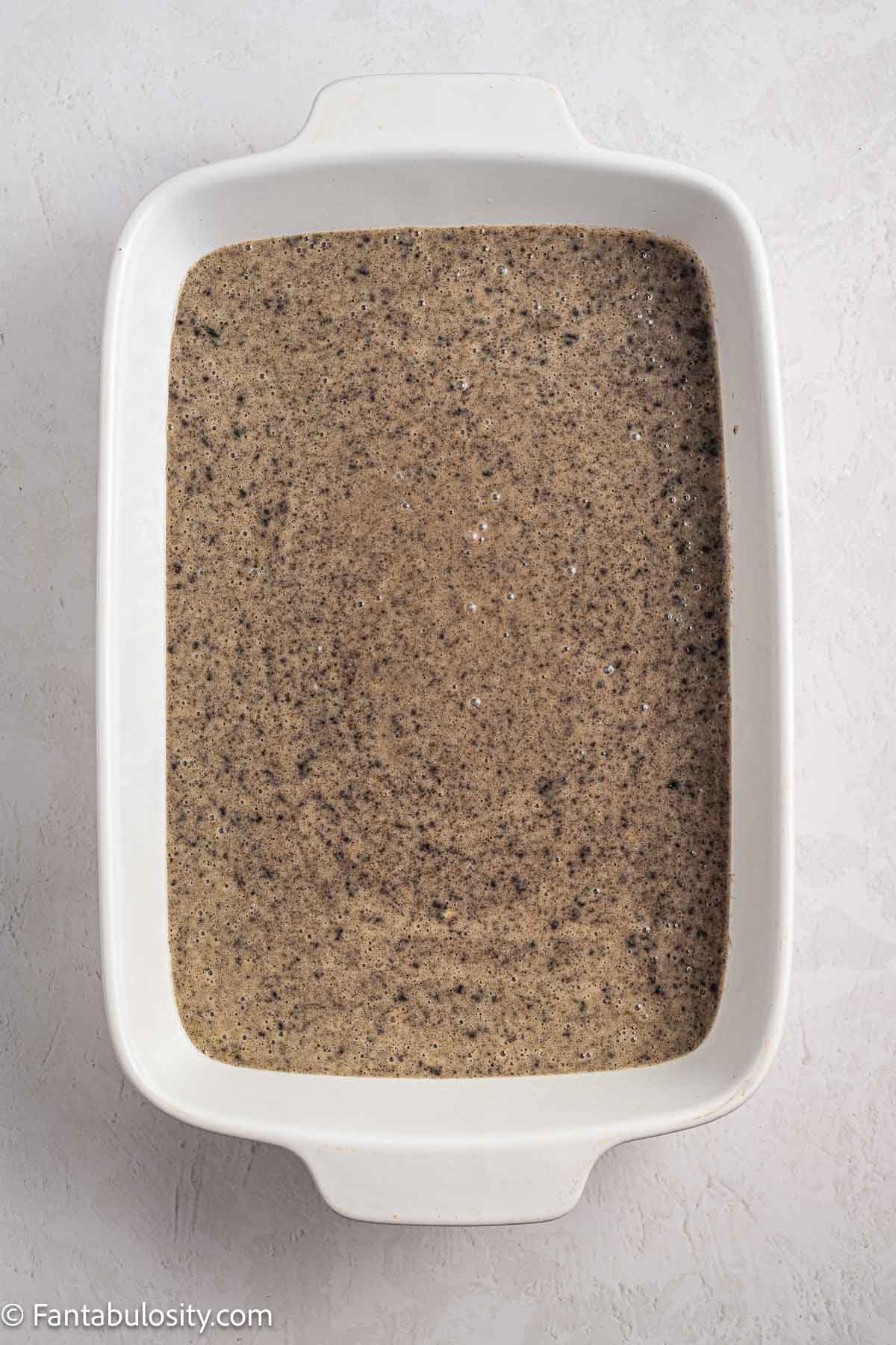 Cake batter poured in to 9x13 baking dish.