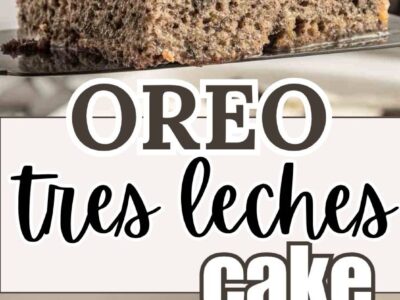 A slice of Oreo Tres Leches cake on a plate.