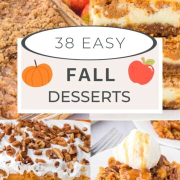 Fall Dessert Recipes collage, showing pumpkin, apple and pecan desserts.