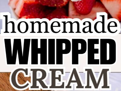 A spoonful of homemade whipped cream over a bowl of strawberries.