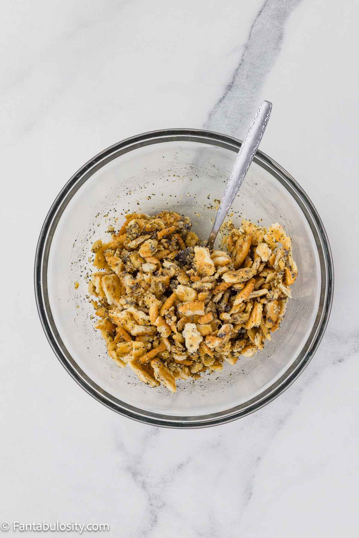 Ritz cracker casserole topping in mixing bowl.