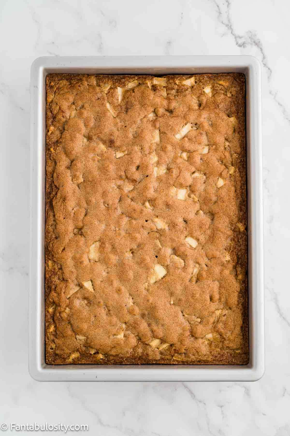 Baked apple dapple cake cooling in a 9x13 pan.