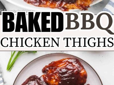 Baked bbq chicken thighs on a plate, with bbq sauce.
