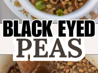 Black eyed peas in pot and vintage bowl.