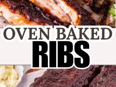 Oven baked ribs with a sticky BBQ glaze, sliced on a wooden board