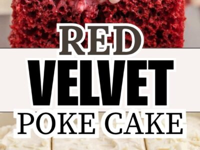 A slice of red velvet poke cake sitting on a plate.