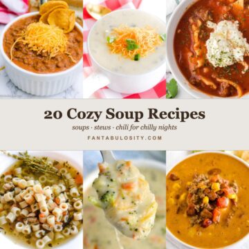 Collage of six cozy soups, stews, and chili recipes.