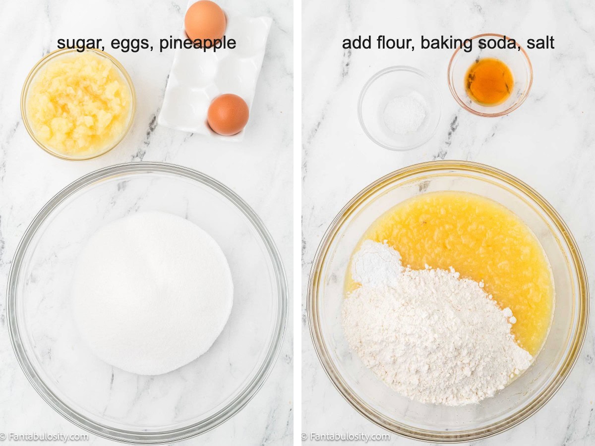 Two photos: crushed pineapple, eggs and granulated sugar in bowls, then flour, baking soda and salt added to the pineapple mixture.