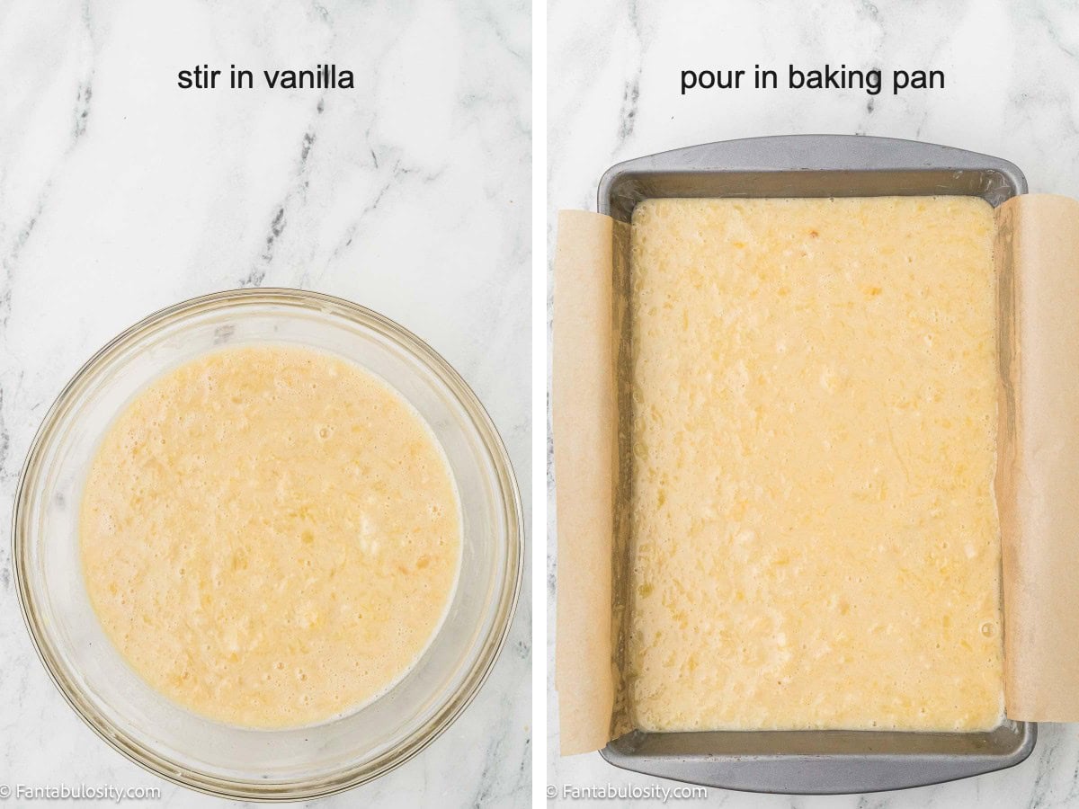 Two photos: granny cake batter stirred smooth in a glass bowl, then poured into a lined baking pan.