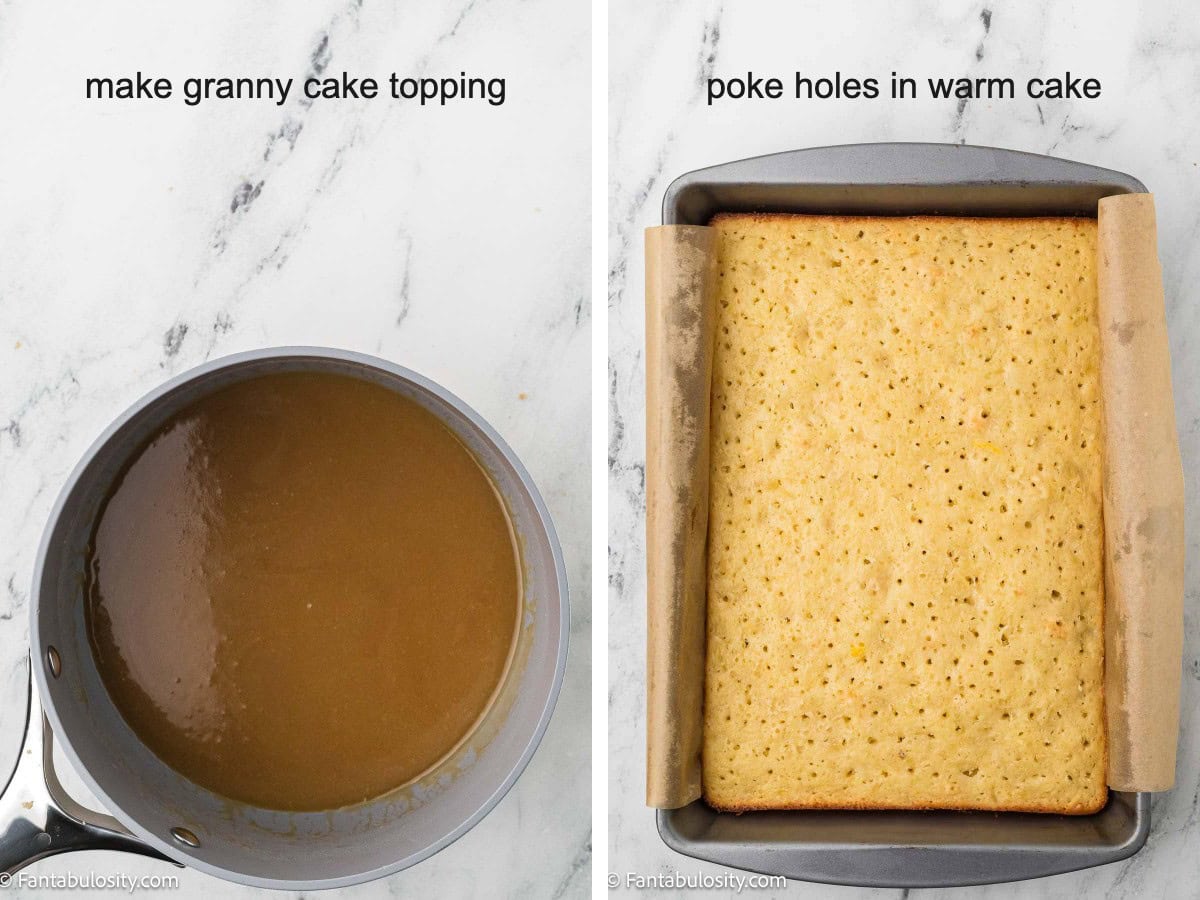 Two photos: brown sugar topping in a saucepan, then the baked granny cake poked all over with holes.