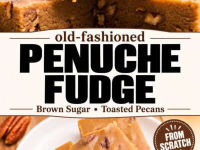 Two photos of penuche fudge with pecans, with the title “Old-Fashioned Penuche Fudge” and a “From Scratch” badge.