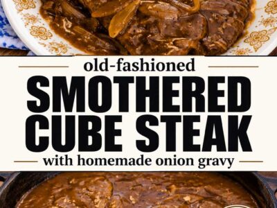 Smothered cube steak with homemade onion gravy, an old-fashioned skillet dinner.