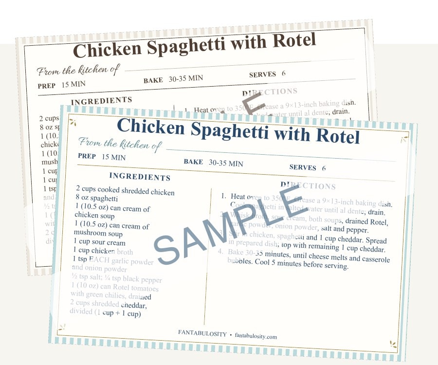 Sample of the blue and oatmeal Chicken Spaghetti printable recipe cards